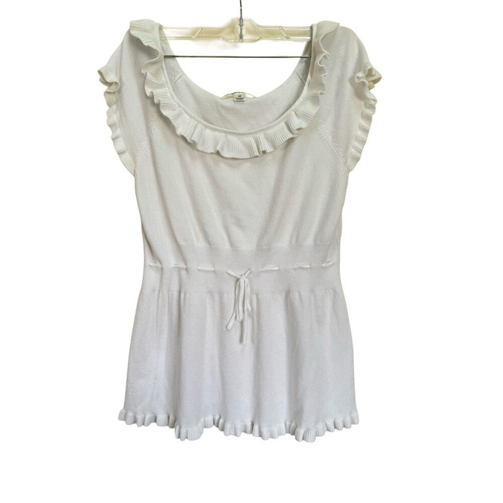 John Paul Richards white romantic ruffle collar blouse short sleeve knit sweater